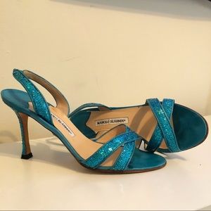 manolo blahnik turquoise sequin heeled sandals 40